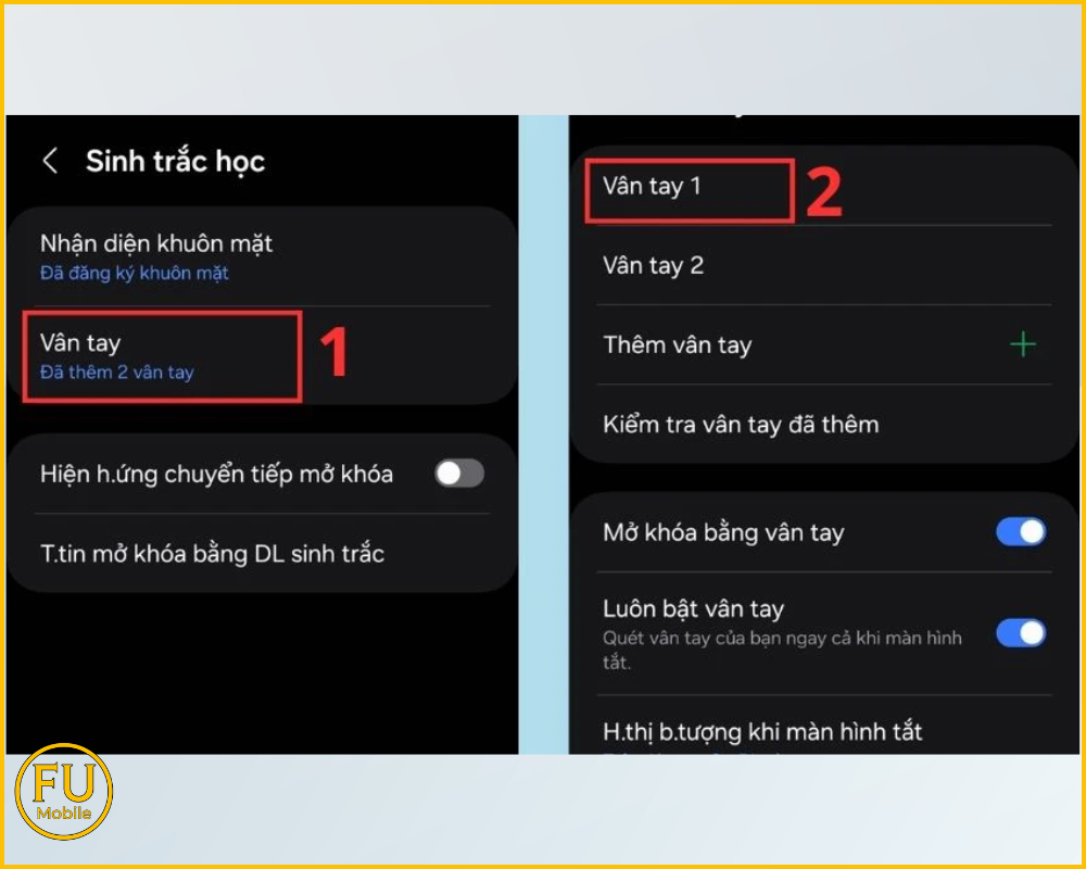 Nhấn vào từng vân tay đã đăng ký trước đó