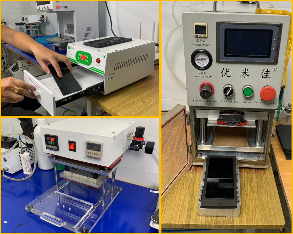 Cận cảnh máy ép kính chân không hiện đại đang hoạt động tại phòng kỹ thuật FUmobile