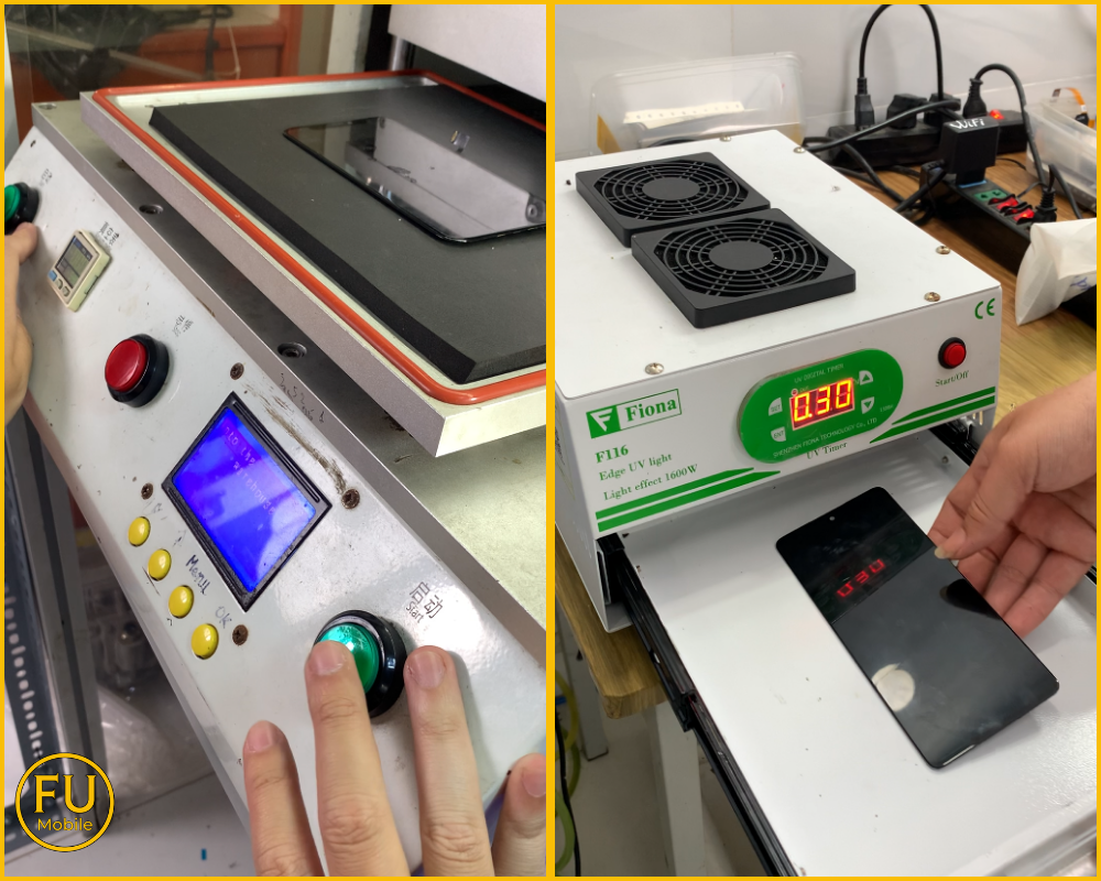 Cận cảnh máy ép kính chân không và máy hấp UV đang hoạt động tại FUmobile