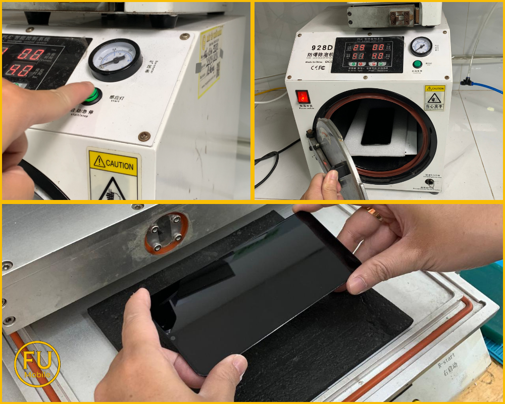 Hệ thống máy móc ép kính chân không và máy hấp UV hiện đại tại FUmobile