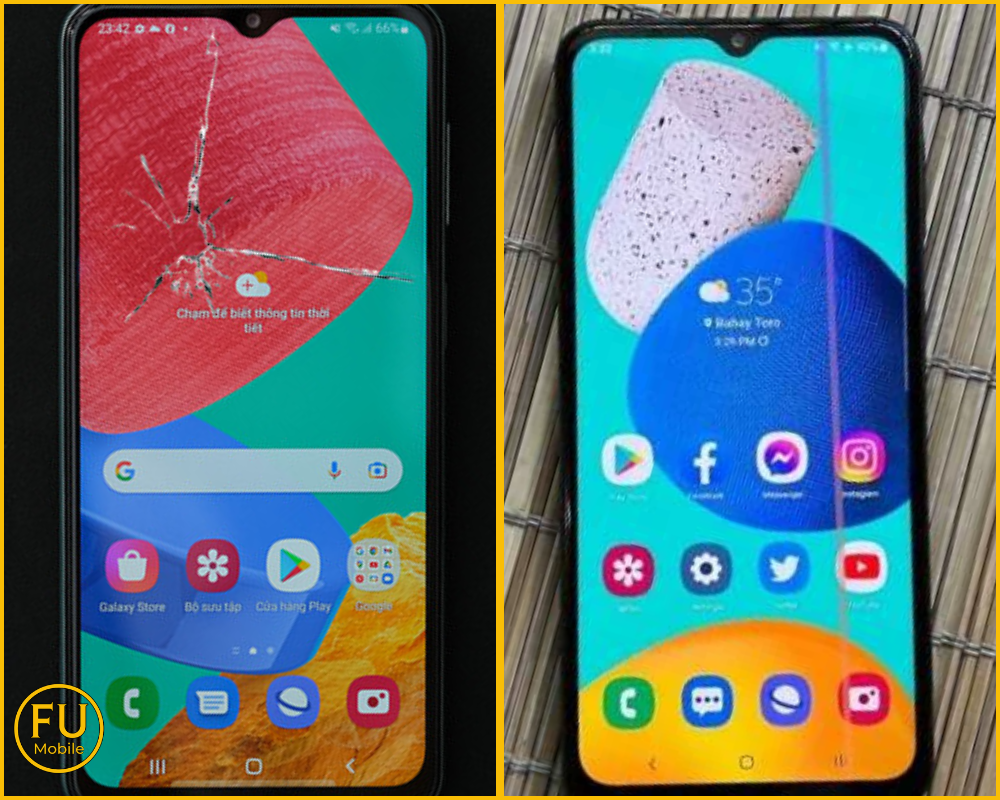 Hình ảnh so sánh giữa điện thoại bị vỡ kính ngoài và điện thoại bị sọc màn hình trong
