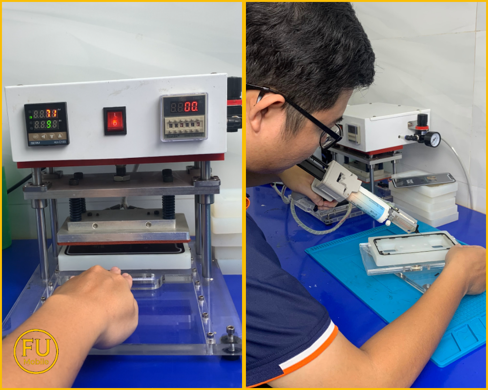 Kỹ thuật viên FUmobile đang tỉ mỉ thao tác trên máy ép kính hiện đại