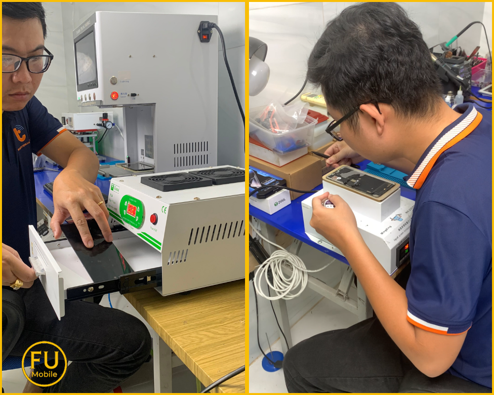 Khách hàng có thể quan sát quy trình ép kính tại FUmobile