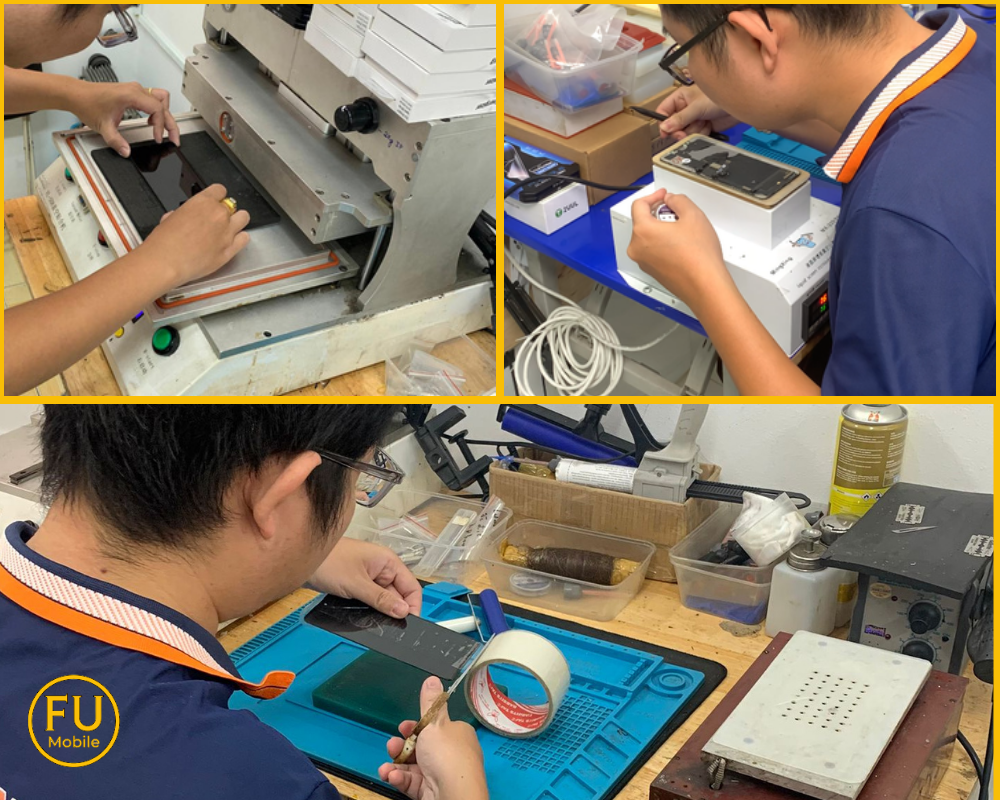 Khi ép kính tại FUmobile khách hàng có thể quan sát toàn bộ quy trình