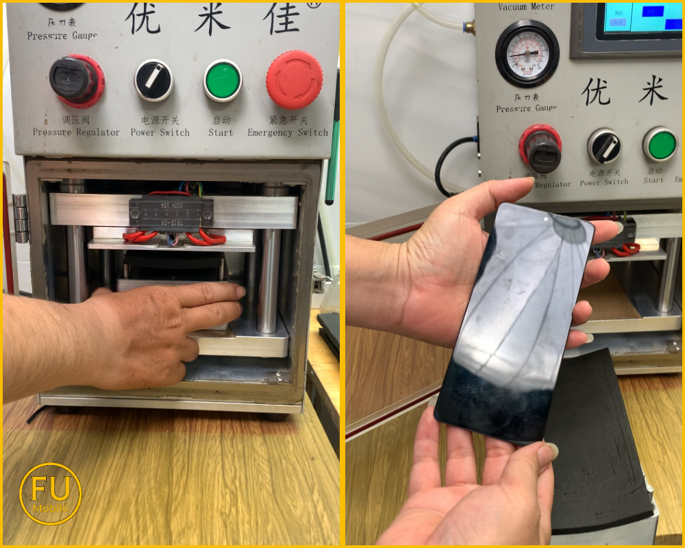 Kỹ thuật viên dùng máy ép chuyên dụng ép kính màn hình điện thoại