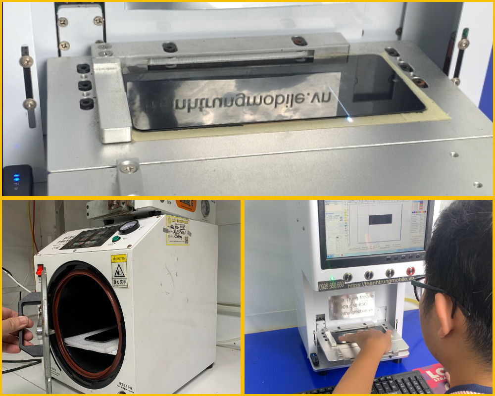 Kỹ thuật viên FUmobile đang sử dụng máy ép kính chuyên dụng để xử lý màn hình Samsung