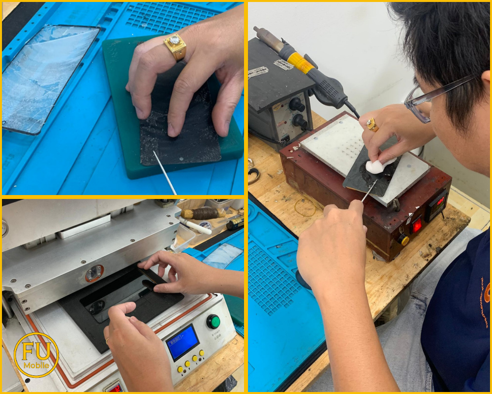 Kỹ thuật viên FUmobile đang tiến hành thay mặt kính điện thoại