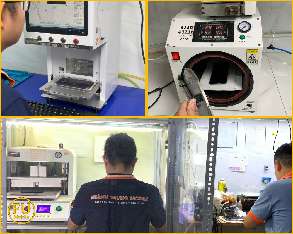 Kỹ thuật viên đang thực hiện ép kính Samsung Galaxy A73 bằng máy móc hiện đại